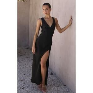 Billy J Taylor Dress Black‎ Satin V Neck Leg Slit Maxi NWT Size US 8